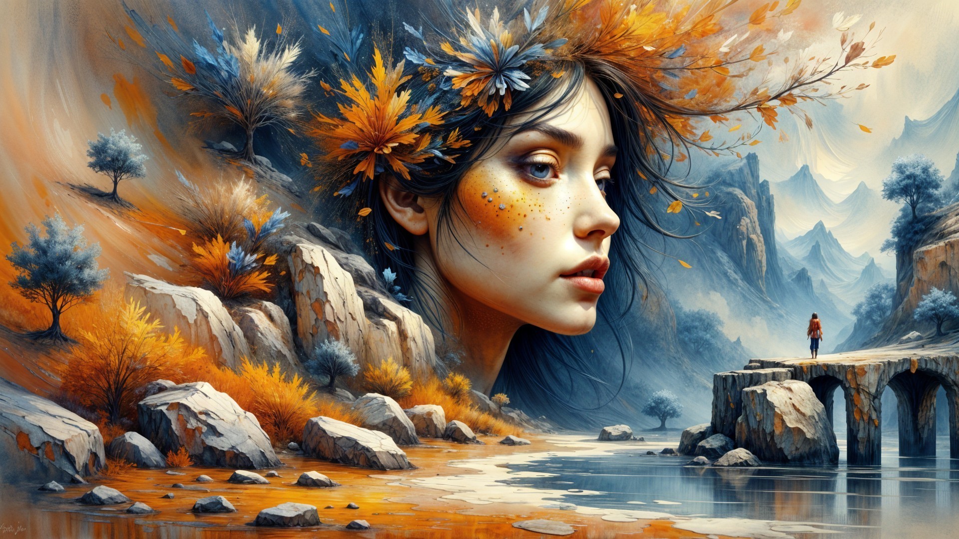 Woman with Autumn Leaves in Serene Landscape