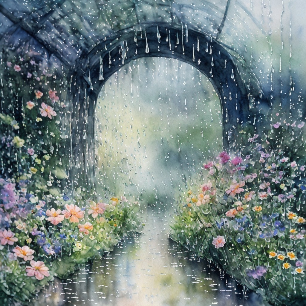 Serene Garden Scene with Rain-Soaked Archway