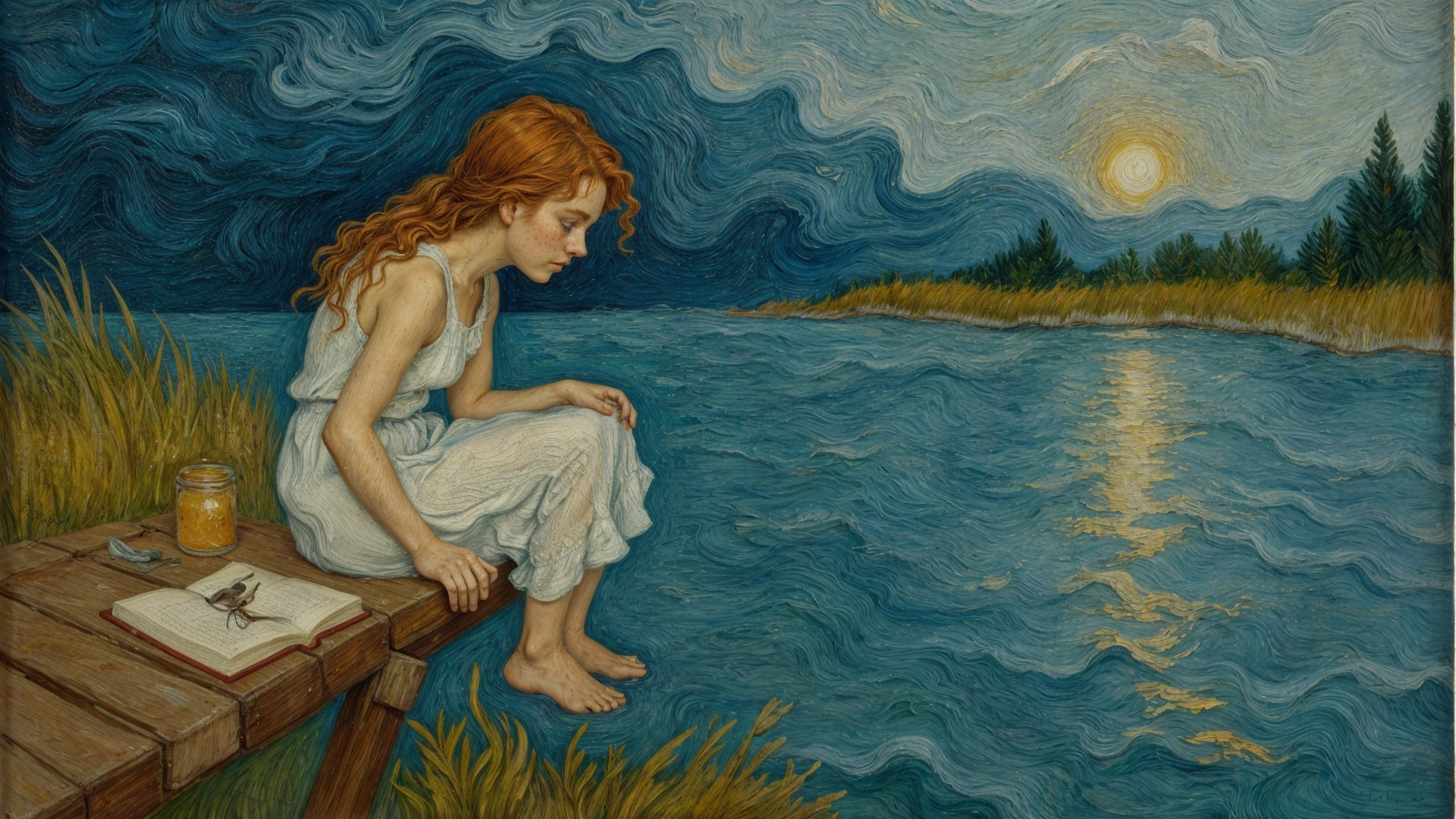 Young Girl by Lake at Sunset with Open Book