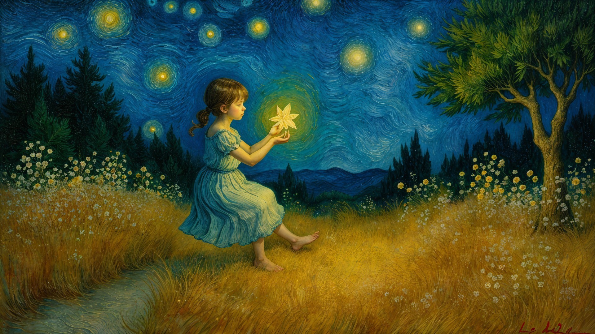 Young girl in golden field with glowing flower