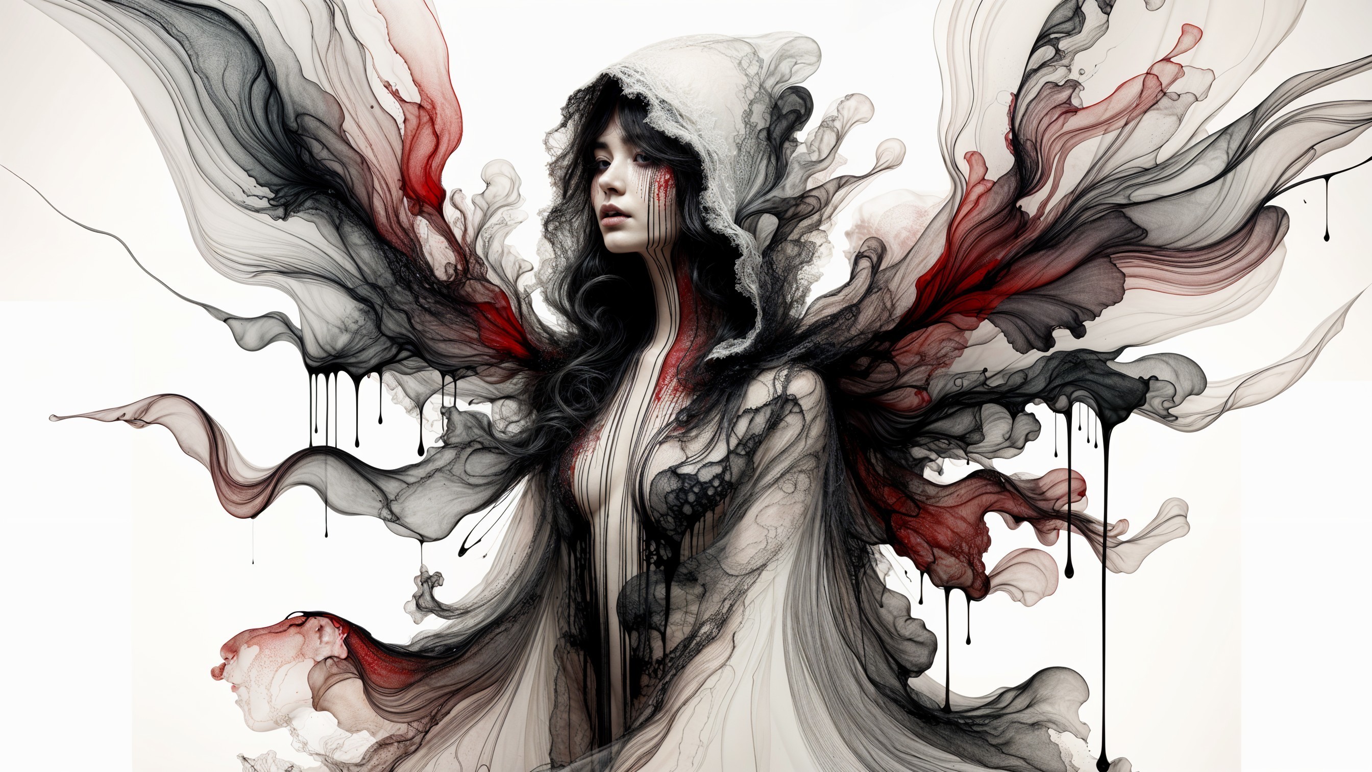 Ethereal Figure in Black and Red Smoke Patterns