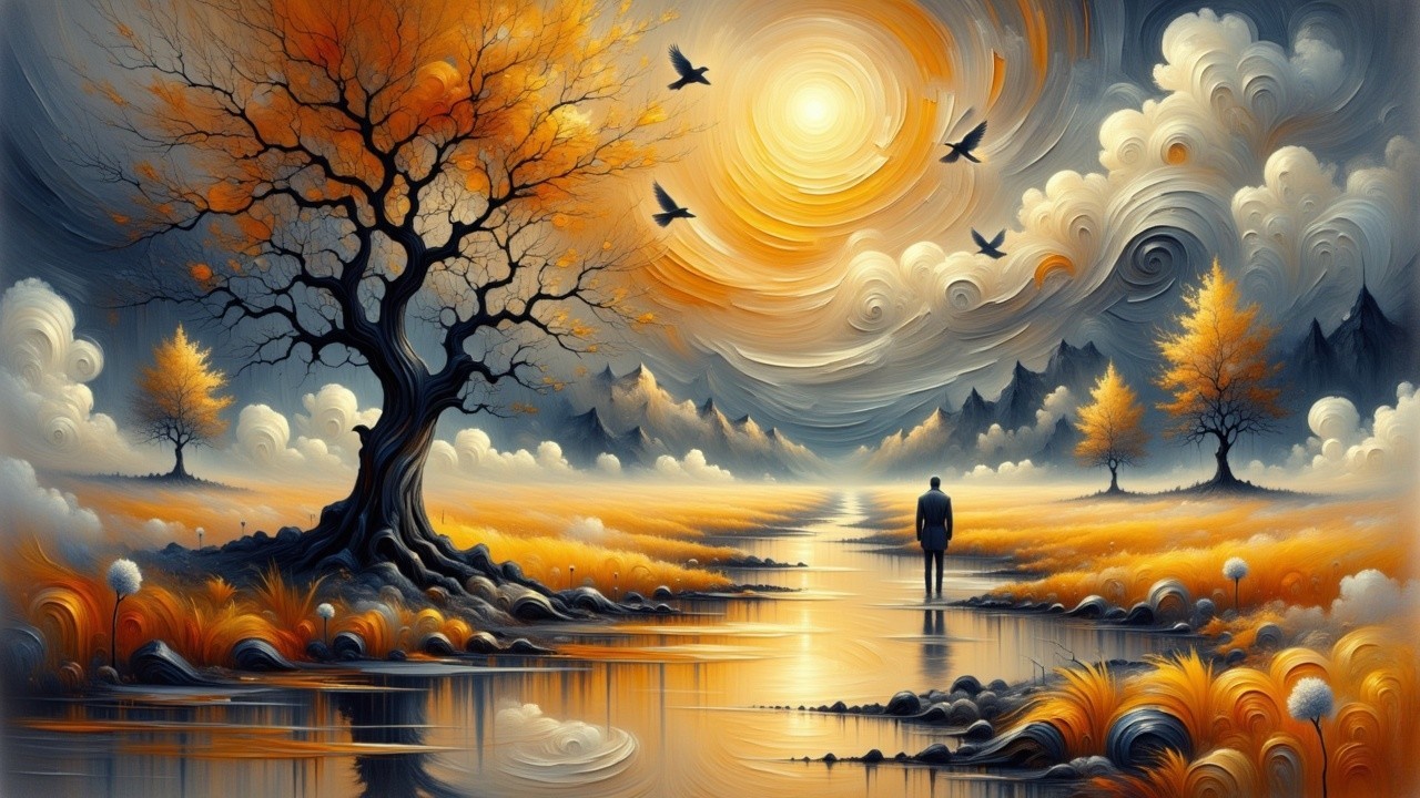 Autumn Landscape with River and Solitary Figure