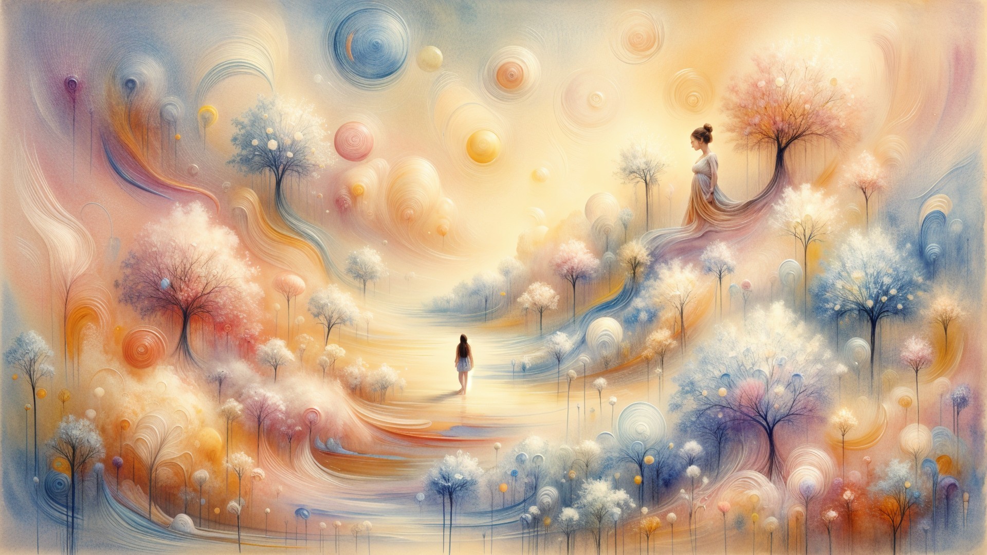 Dreamy Landscape with Pastel Tones and Whimsical Trees