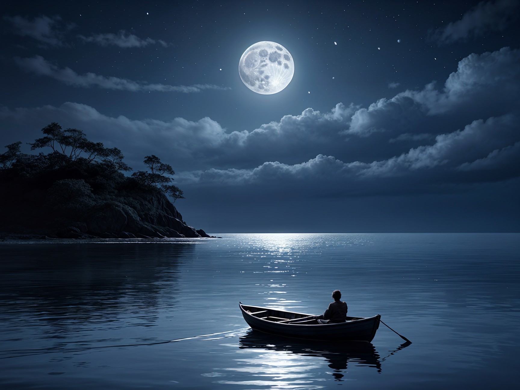 Lone Figure in Boat Under Full Moon and Calm Waters