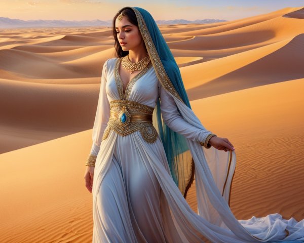 Elegant Woman in Desert Landscape at Sunset