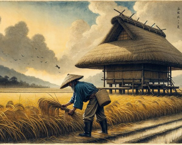 Rural Scene of Farmer Harvesting Rice in Nature