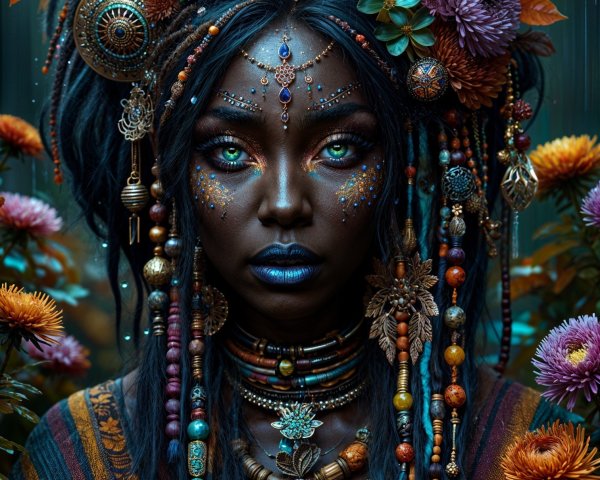 Portrait of a Woman with Jewelry and Floral Hair