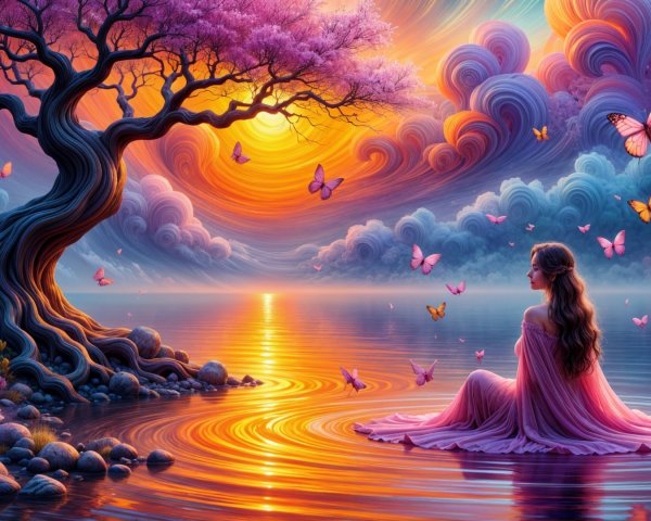 Serene Landscape with Woman by Tranquil Lake