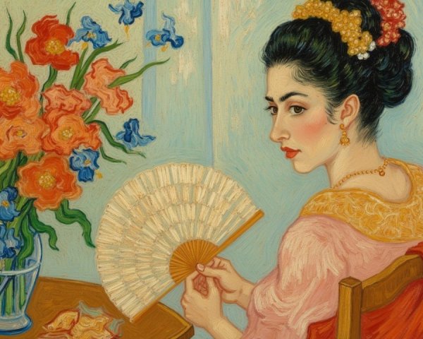Young Woman at Table with Fan and Floral Decor