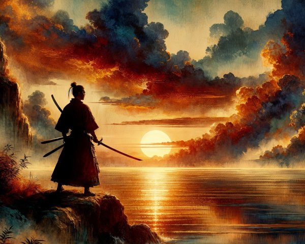 Samurai Contemplation at Sunset on Rocky Shore