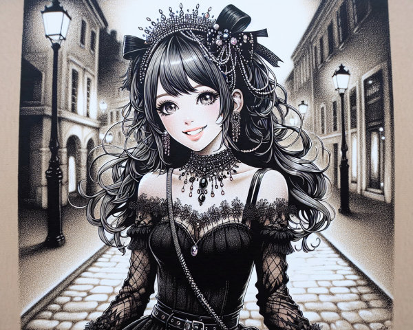 Stylized female character in gothic street setting