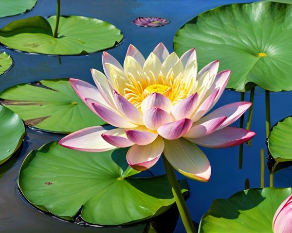 Vibrant Water Lilies on Calm Blue Water Surface