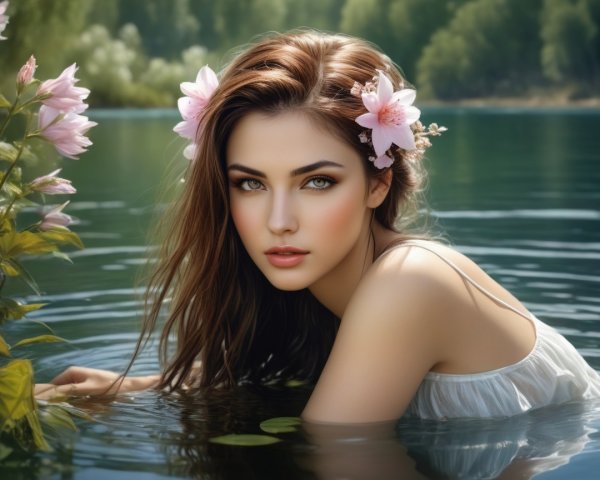 Young woman in serene lake setting with flowers