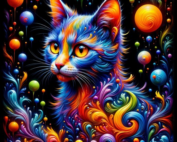 Psychedelic Cat with Colorful Patterns on Dark Background