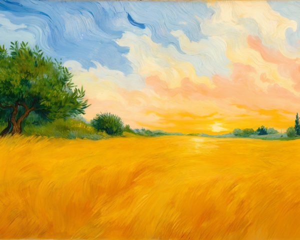 Vibrant Landscape with Golden Field and Swirling Sky