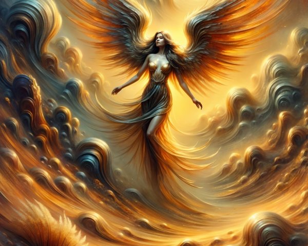 Majestic figure with ethereal wings in cosmic scene