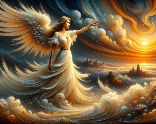 Majestic figure in white gown among vibrant clouds