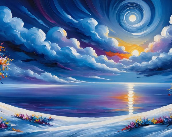 Vibrant Nighttime Winter Seascape Oil Painting