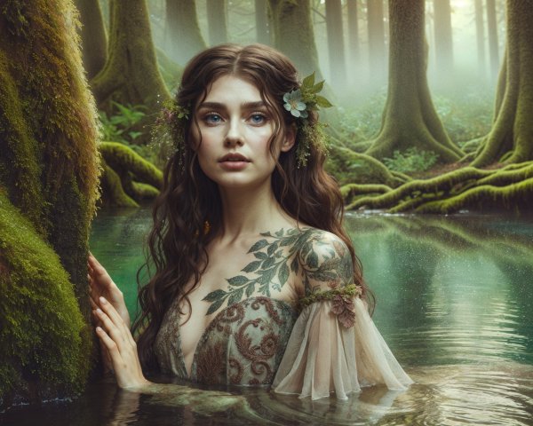 Young Woman in Ethereal Gown by Mossy Pond