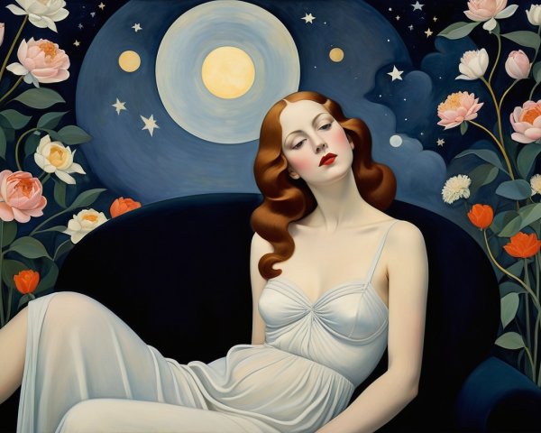 Serene Woman in White Dress Against Night Sky and Flowers