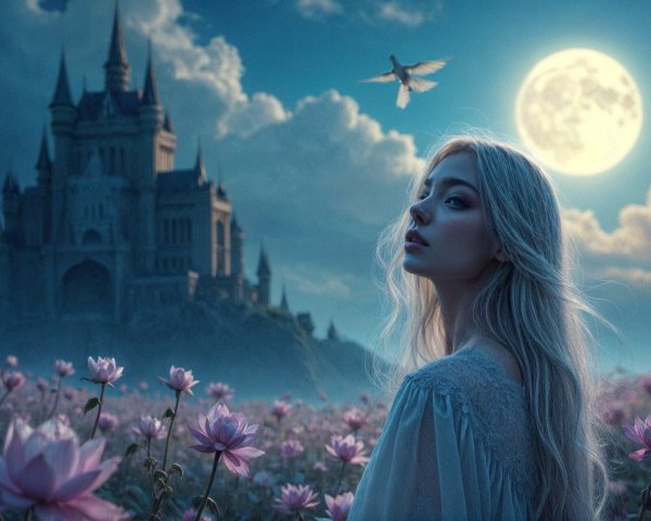 Moonlit Castle with Lotus Flowers and Fairy Presence
