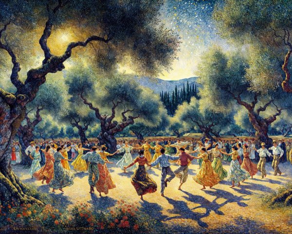 Dancers in Circle Under Olive Trees in Celebration