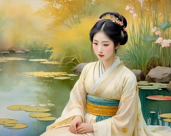 Young Woman in Traditional Attire by Tranquil Pond