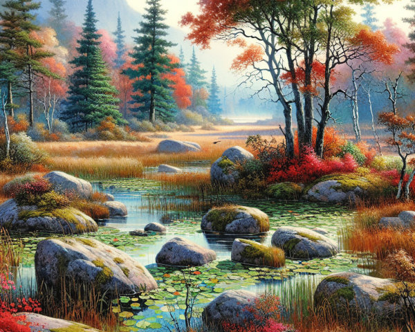 Serene Autumn Landscape with Tranquil Pond and Foliage