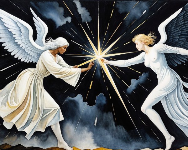 Angels Connecting with Light in Dramatic Sky