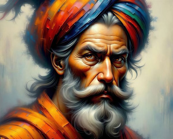 Close-up portrait of an elderly warrior with a beard