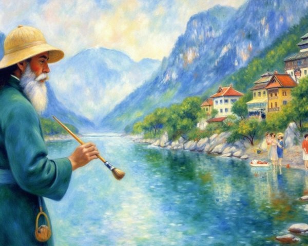 Serene Landscape with Elderly Man by Calm River
