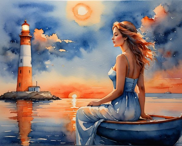 Watercolor Scene of Woman in Boat at Sunset