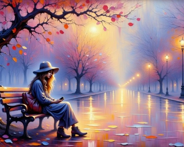 Autumn Scene with Woman on Park Bench and Trees