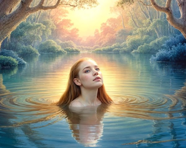 Tranquil River Scene with Young Woman at Sunset