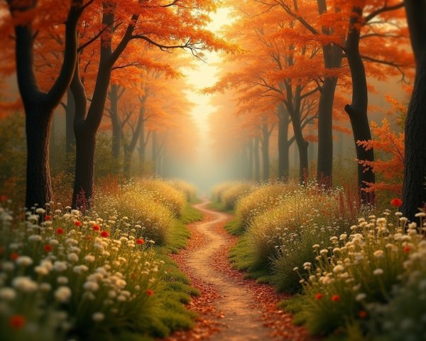 Serene forest path with autumn foliage and flowers