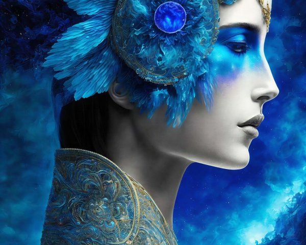Fantastical Portrait of a Woman with Blue Headdress