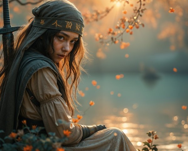 Young Woman by Serene Lake with Flowers and Sword
