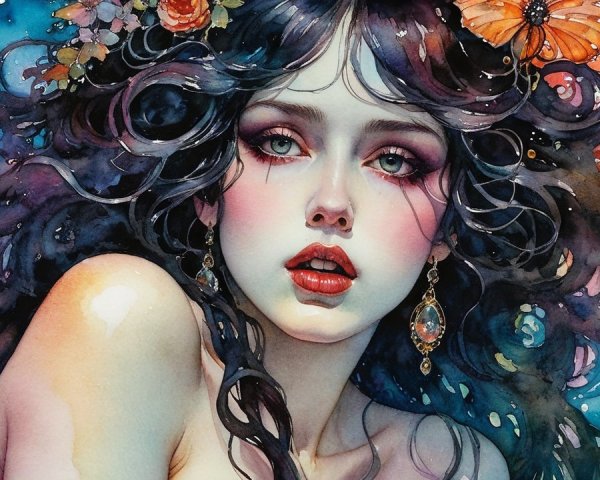 Portrait of a Young Woman with Vivid Colors and Flowers