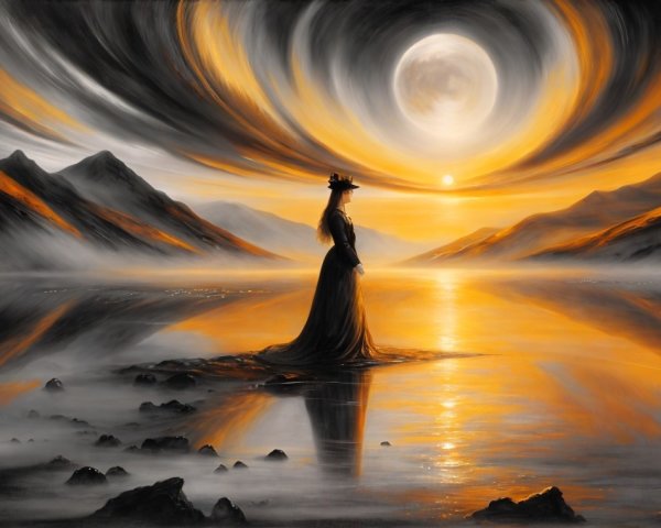 Serene Landscape with Woman at Sunset by a Lake
