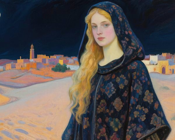 Oil Painting of Young Woman in Desert Night Scene