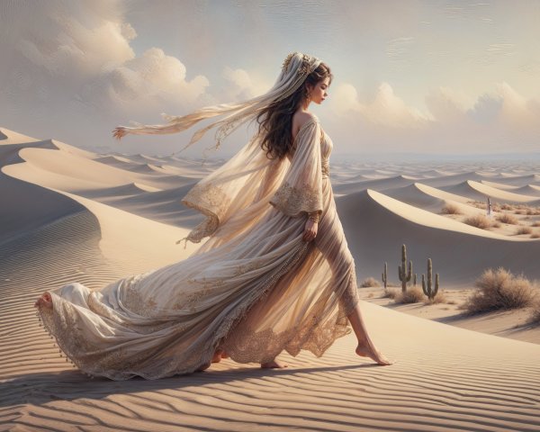 Lone Figure in Ethereal Garments on Golden Sand Dunes