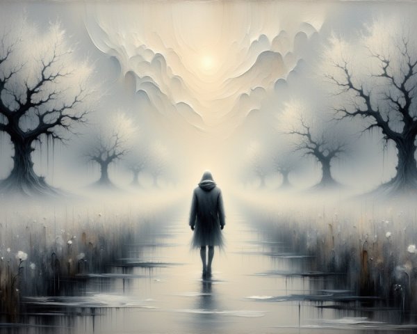 Misty Path with Solitary Figure and Barren Trees