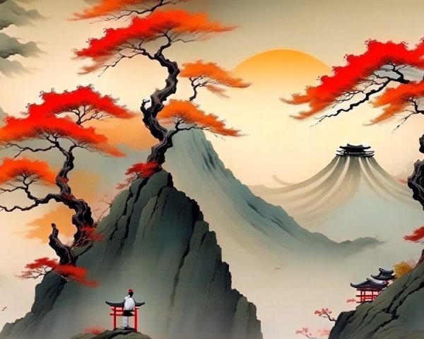 Majestic Mountain Landscape with Pagoda and Trees