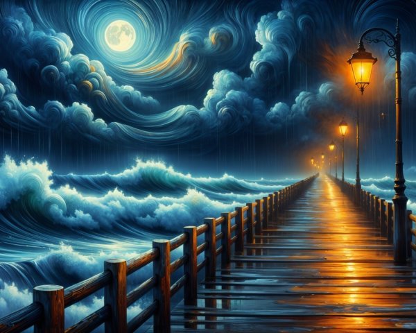 Moonlit Pier Over Churning Waves with Vintage Streetlamps