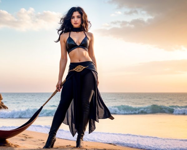 Figure in Black Bikini on Beach at Sunset