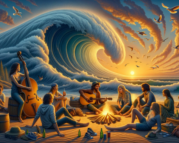 Vibrant Beach Scene with Campfire at Sunset