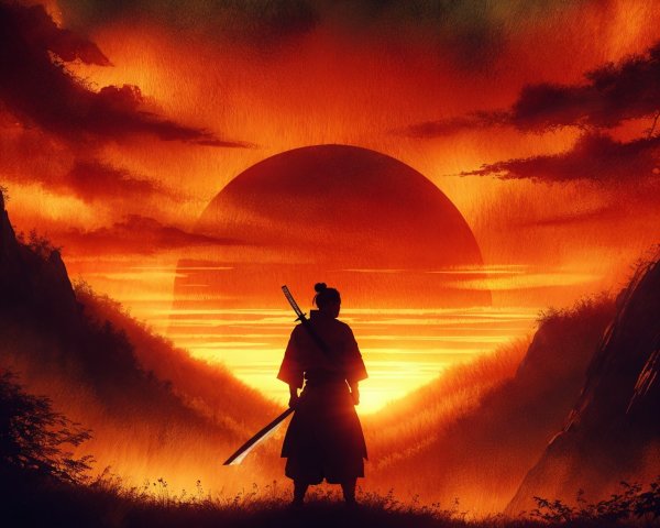 Samurai Silhouette Against Dramatic Sunset Landscape