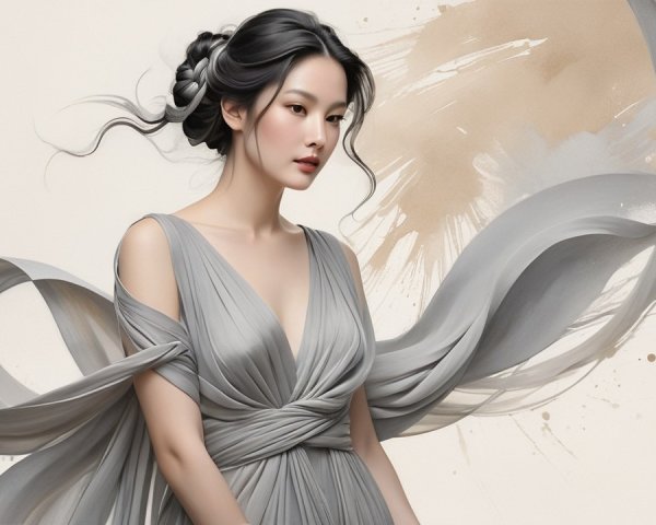 Elegant woman in silver-gray gown with warm tones