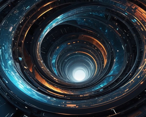 Futuristic Spiral Tunnel with Metallic Structures and Lights