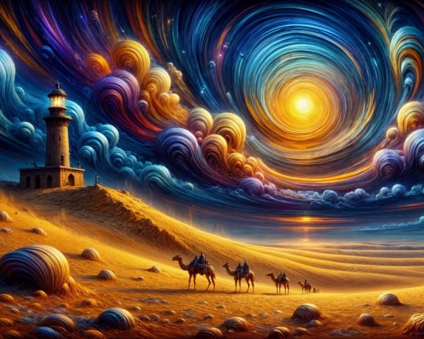 Surreal Landscape with Lighthouse and Camels in Dunes